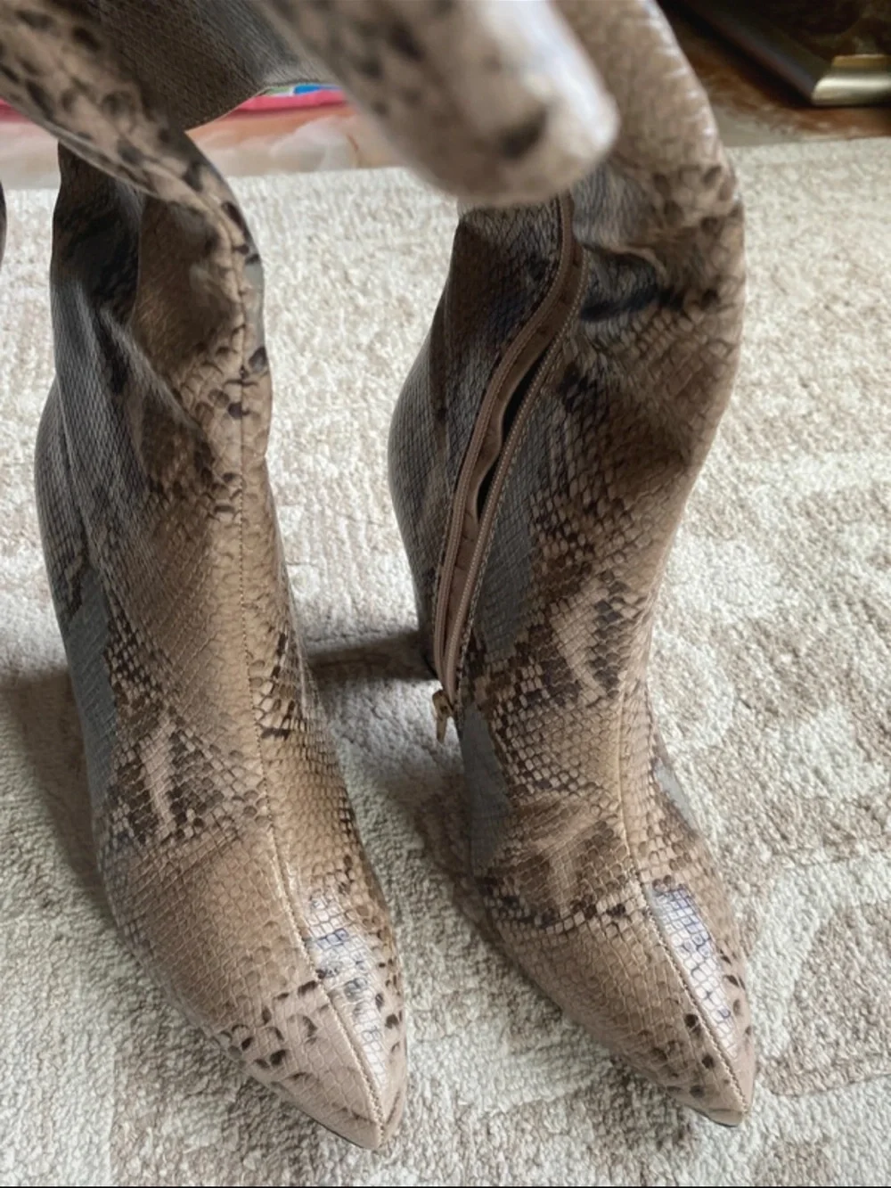 Snake-Print Over-the-Knee Boots in Taupe Brown